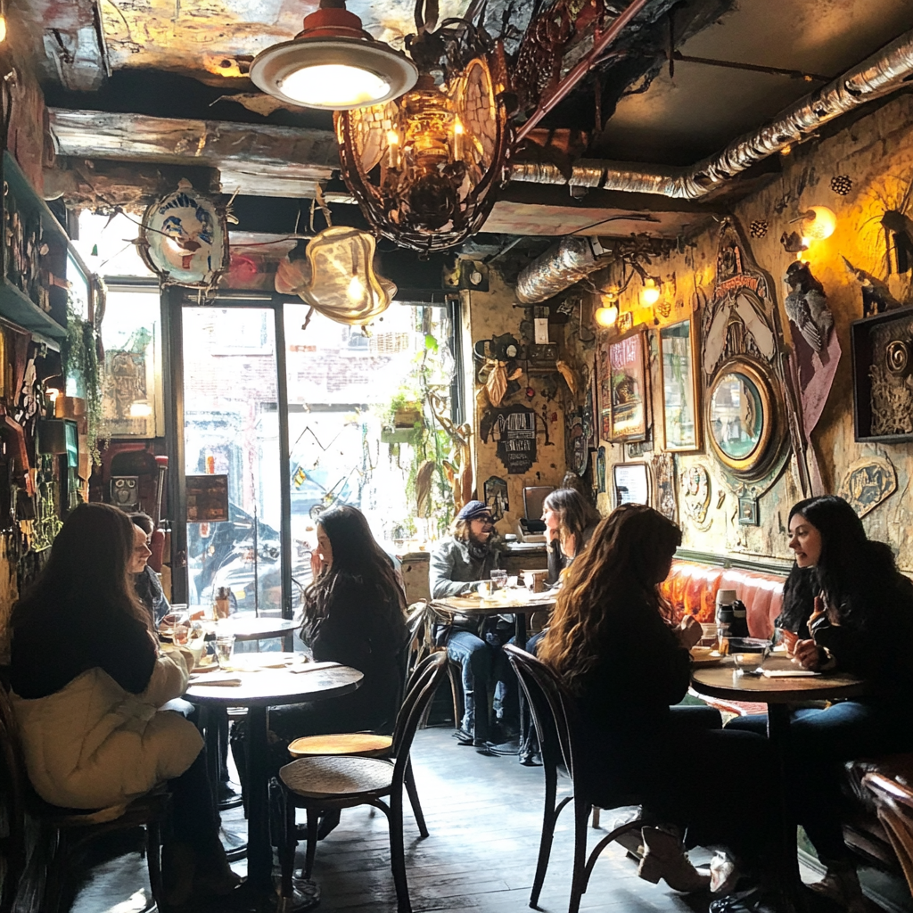 A themed cafe with unique decor and patrons enjoying their meals, showcasing the quirky dining experiences in New York.