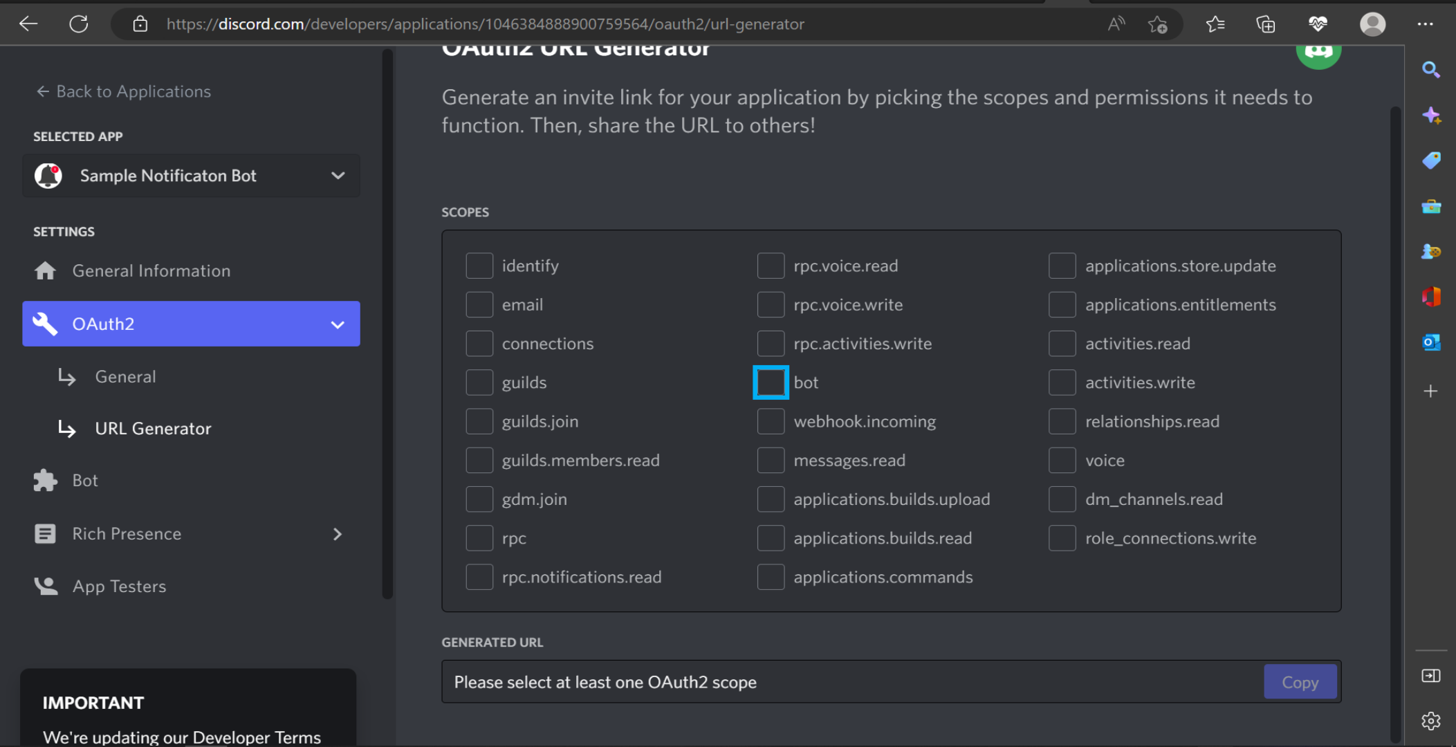 A form showing the types of Discord applications.