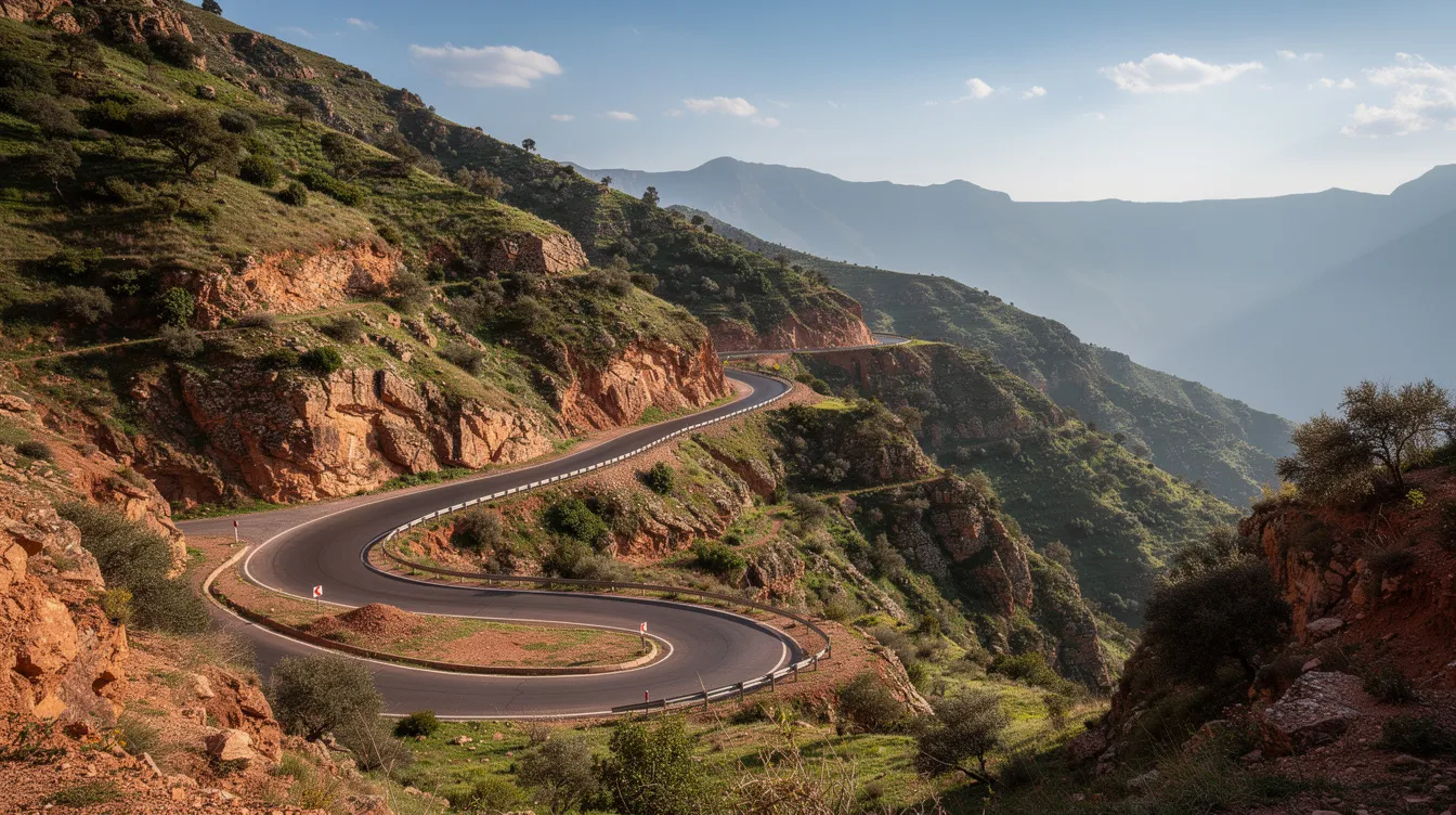 Una carretera de montaña en Marruecos serpentea entre la vegetación verde, ofreciendo vistas panorámicas del paisaje. Este escenario es ideal para quienes buscan alquilar un coche y explorar los alrededores de Tánger.