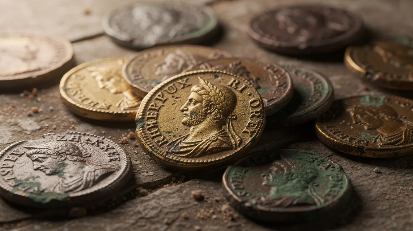 The image depicts a collection of ancient Roman coins scattered across a rough stone surface, showcasing the intricate designs reminiscent of first-century currency that held significant value during the Roman Empire. These coins symbolize the political power of the time, reflecting the authority and influence of figures like King Herod Antipas and the Herodian dynasty within the context of Roman rule and the religious beliefs of the Jewish people.