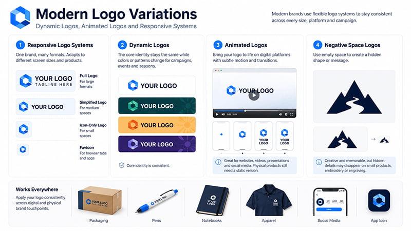 Modern logo variations including responsive logos, dynamic logos, animated logos and negative space logos