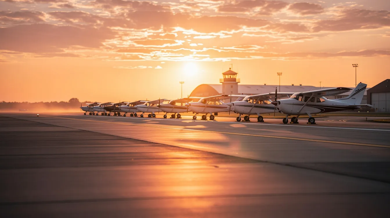 The image depicts a serene sunset over a quiet airport runway, with small airplanes parked in the background, evoking a sense of calm that is often experienced during flight training sessions. This peaceful scene highlights the environment where aspiring pilots may begin their journey towards obtaining a private pilot license or commercial pilot certificate.