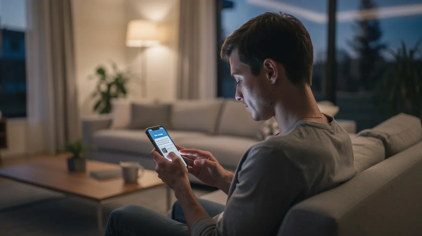 A person is sitting in a modern home environment, checking their smartphone which displays a notification about an international money transfer. The setting suggests a comfortable space where one might manage their finances and explore different money transfer services.