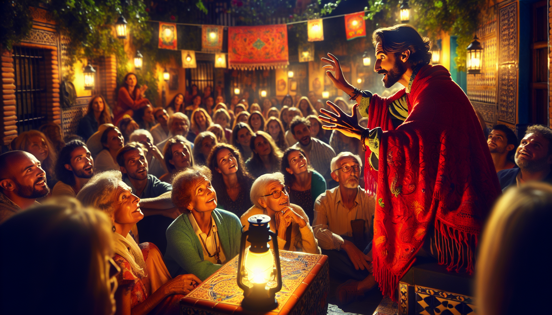 Illustration of a classic Spanish short story being told by a storyteller