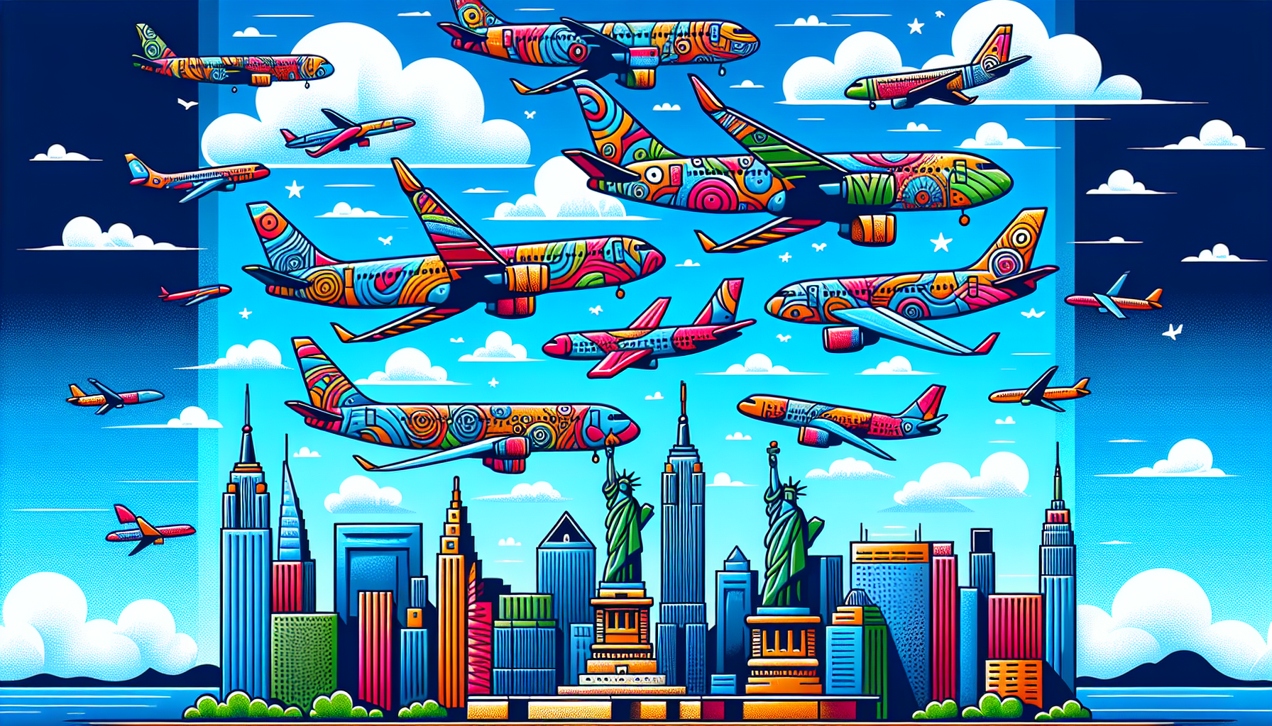 Cartoon representation of popular airlines operating flights from New Orleans to New York.