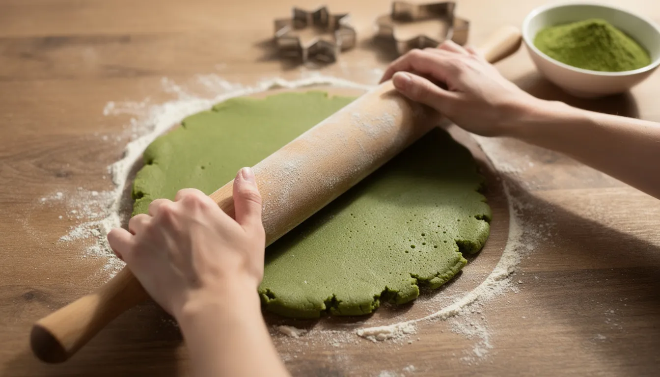 Zwei Hände rollen grünen Matcha-Plätzchenteig auf einer bemehlten Arbeitsfläche aus, während der Teig eine lebendige grüne Farbe zeigt. Im Hintergrund sind Utensilien für das Backen von Matcha-Keksen sichtbar, die auf die Zubereitung eines köstlichen Genussmoments hinweisen.