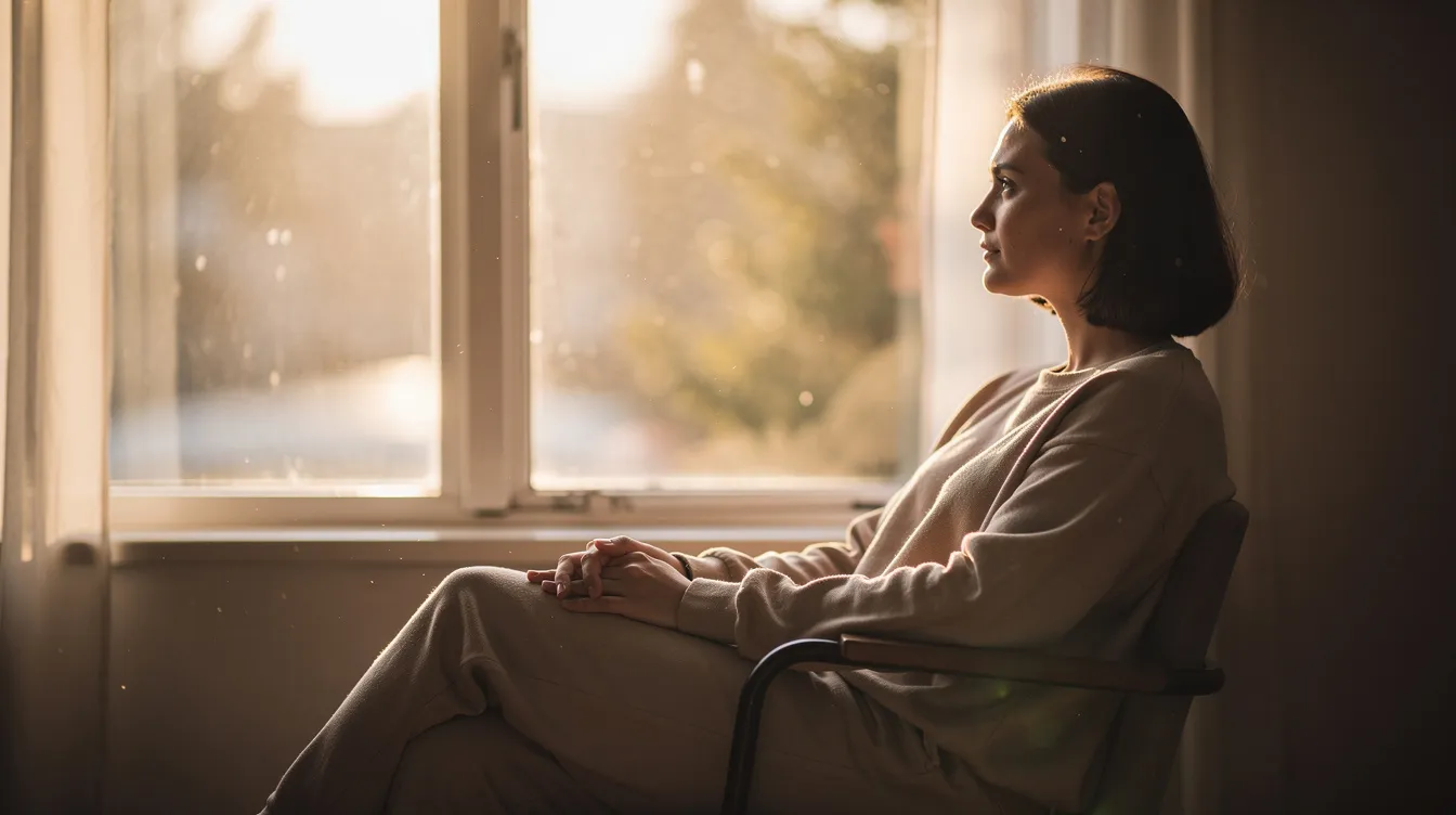 A calm person is sitting by a window, bathed in soft morning light, creating a serene atmosphere that contrasts with the symptoms of bipolar disorder often experienced during mood episodes. This peaceful scene reflects a moment of tranquility amidst the complexities of mental health, highlighting the importance of finding solace in daily life.