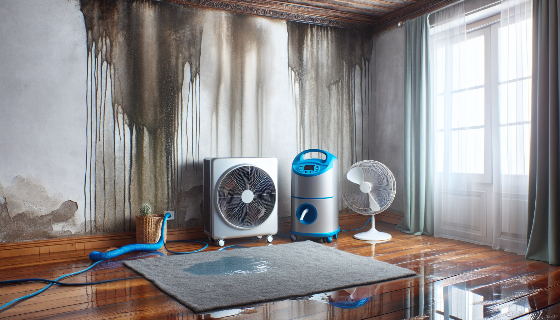 Dehumidifier and fans working together in a water-damaged space