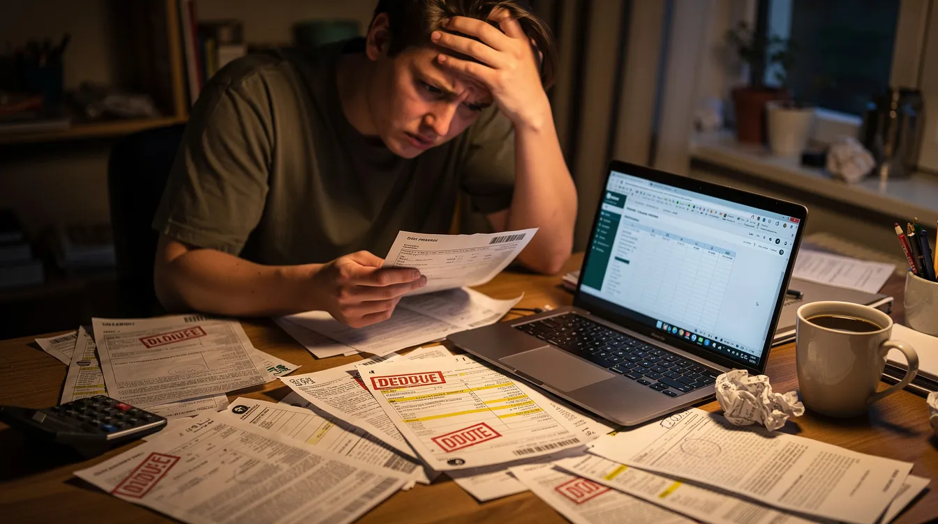 A stressed person sits at a cluttered desk surrounded by scattered bills and bank statements, reviewing their financial documents. The scene reflects the challenges of managing debt, possibly considering options like 二線 債務 重組 or evaluating their monthly repayment plans.