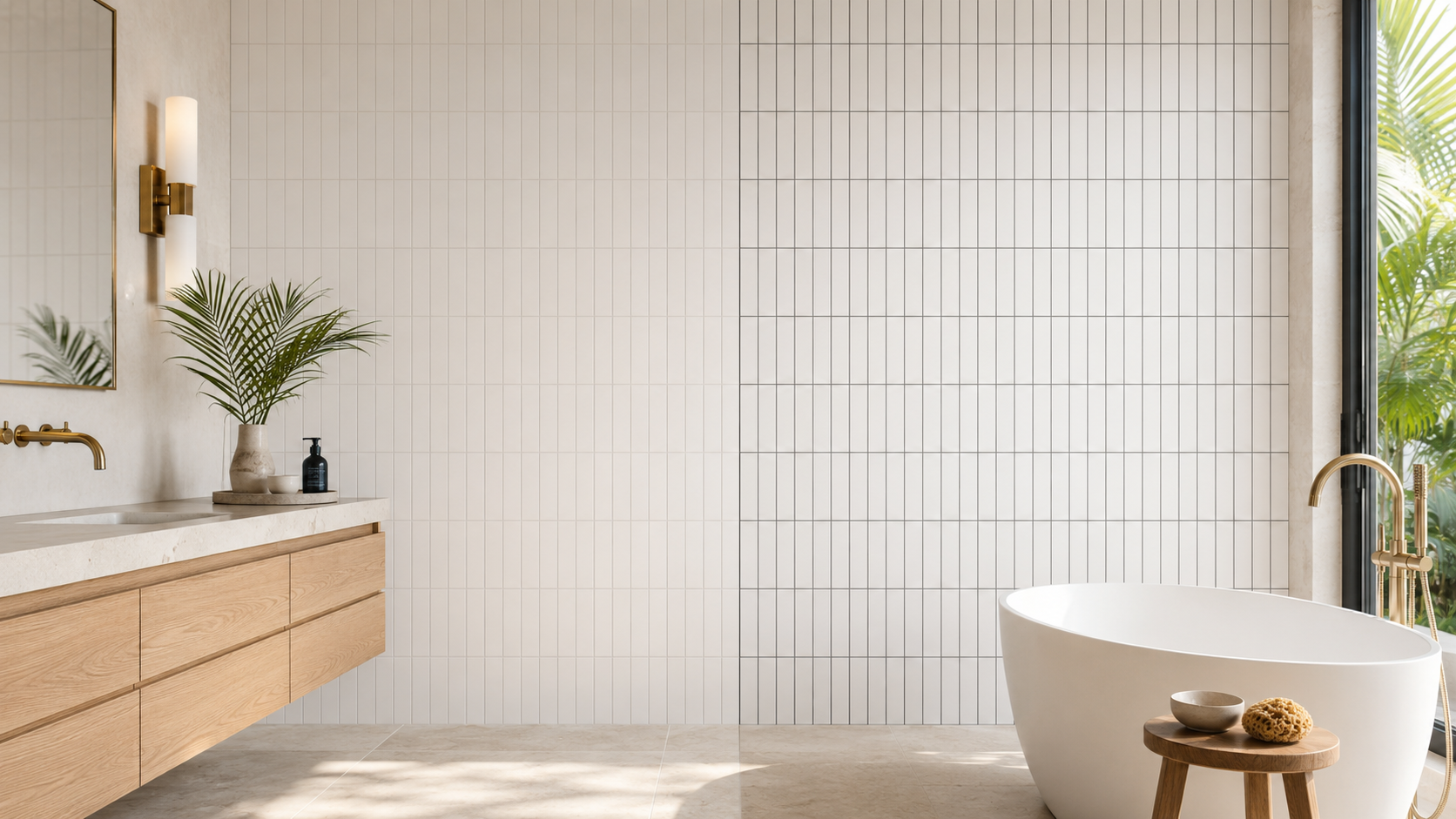 White bathroom tiles shown with matching white grout and contrasting dark grout.