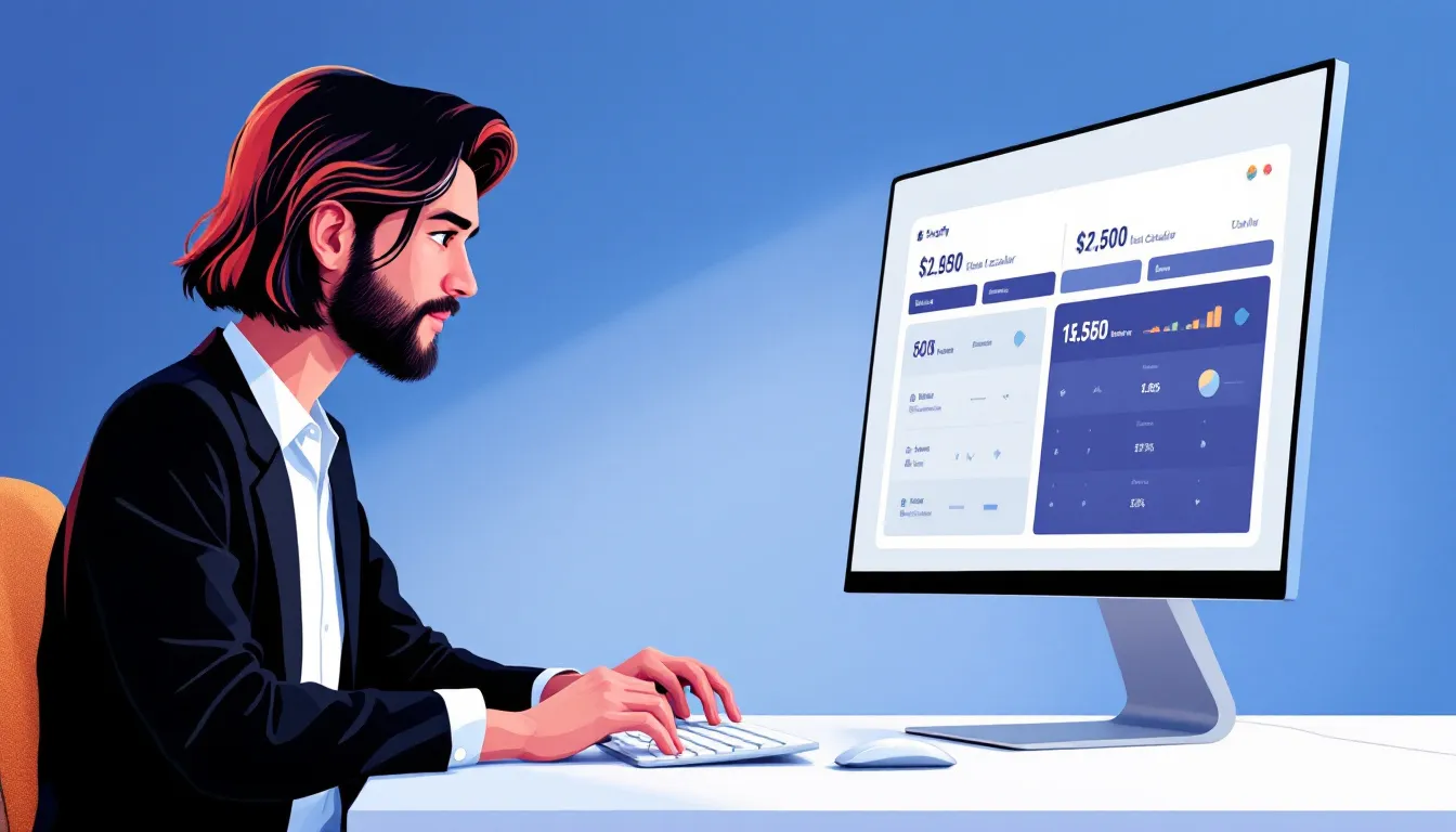 An illustration of a person using a Shopify store value calculator.