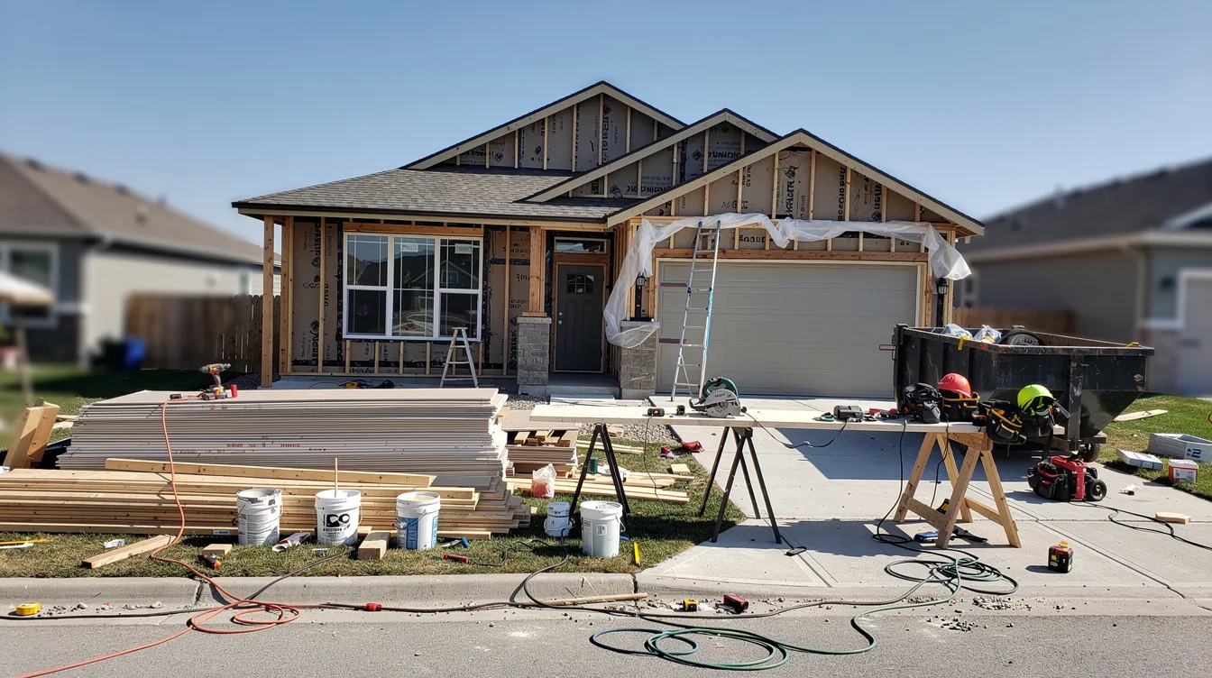 A residential property undergoing renovation with construction tools and building materials scattered around the site, reflecting ongoing work that may affect home equity