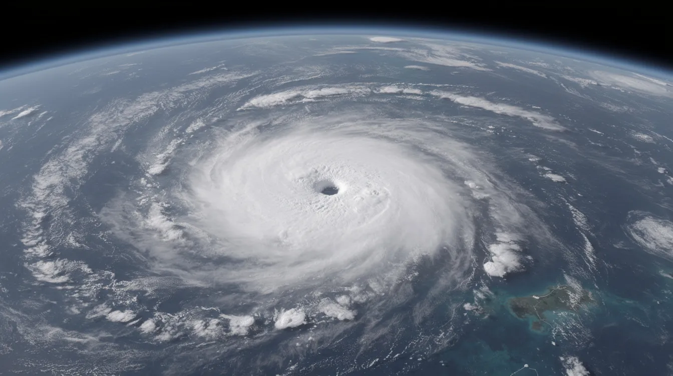 A satellite image captures a hurricane swirling over the ocean, showcasing clear spiral cloud bands that highlight the storm's powerful structure. This visual representation of nature's forces is significant in understanding weather patterns and the technology used for tracking such phenomena, often enhanced by artificial intelligence tools.