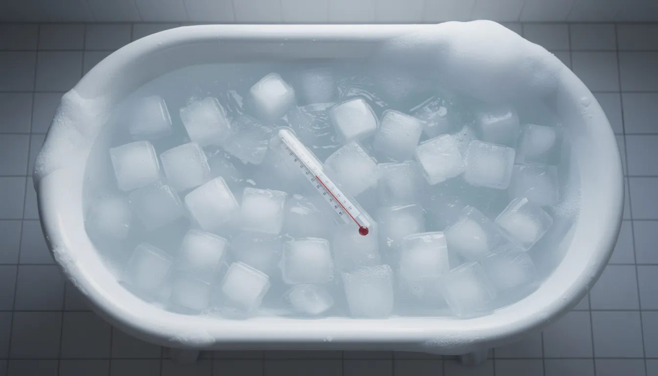 A bathtub filled with very cold water and ice cubes, featuring a thermometer floating on the surface, symbolizes the cold plunge journey and the practice of cold water immersion. This scene illustrates the initial shock of cold exposure, which can enhance mental resilience and provide numerous health benefits.