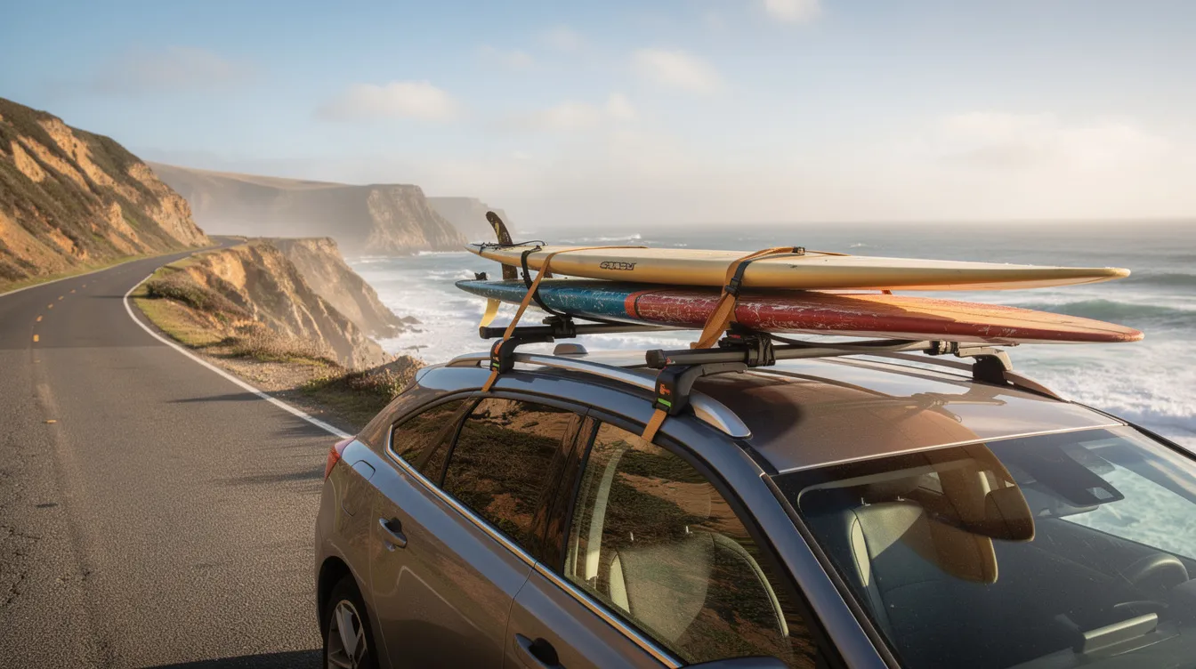 Car with surfboards on its roof racks on a coastal road in Morocco.