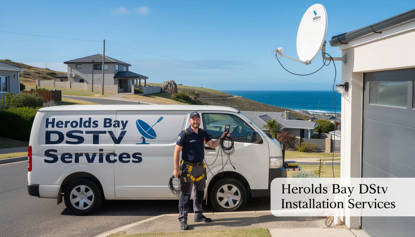 The image depicts a professional technician performing DStv installation services in Herolds Bay, showcasing a satellite dish and decoder setup. The scene highlights the skilled and efficient service provided by accredited DStv installers, ensuring optimal signal quality and customer satisfaction.