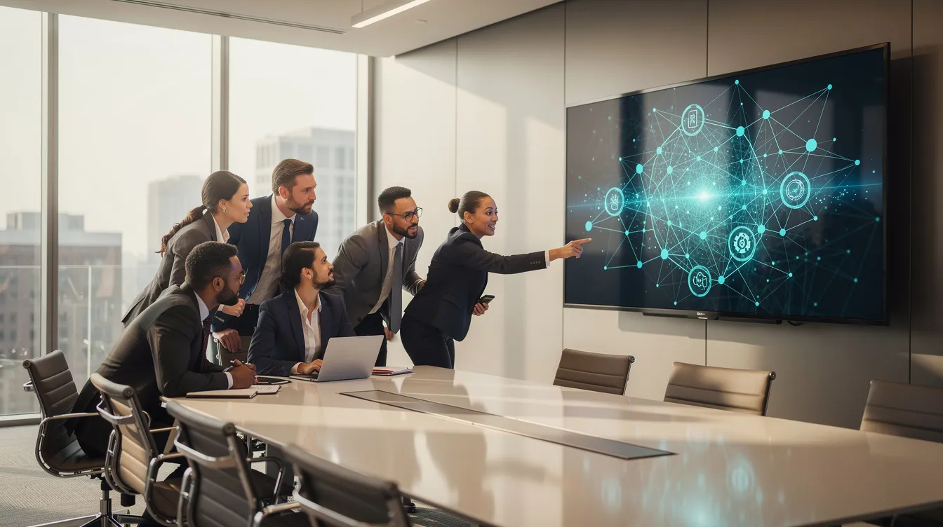 A diverse team of professionals is gathered around a conference table, engaged in discussion while pointing at a large screen displaying an abstract network of connected nodes, which likely represents business processes and workflows for analysis and optimization. The scene suggests collaboration on decision points and the integration of various systems to enhance operational efficiency.