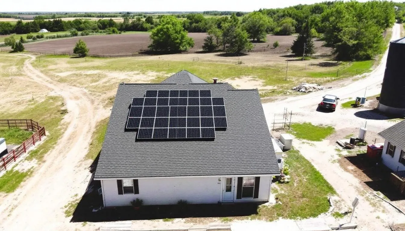 Cette image montre des panneaux solaires installés sur le toit d'une maison résidentielle située dans un cadre rural, mettant en avant l'utilisation de l'énergie solaire dans la région de Lanaudière. On peut également apercevoir des paysages verdoyants en arrière-plan, soulignant l'harmonie entre la nature et les systèmes d'énergie renouvelable.