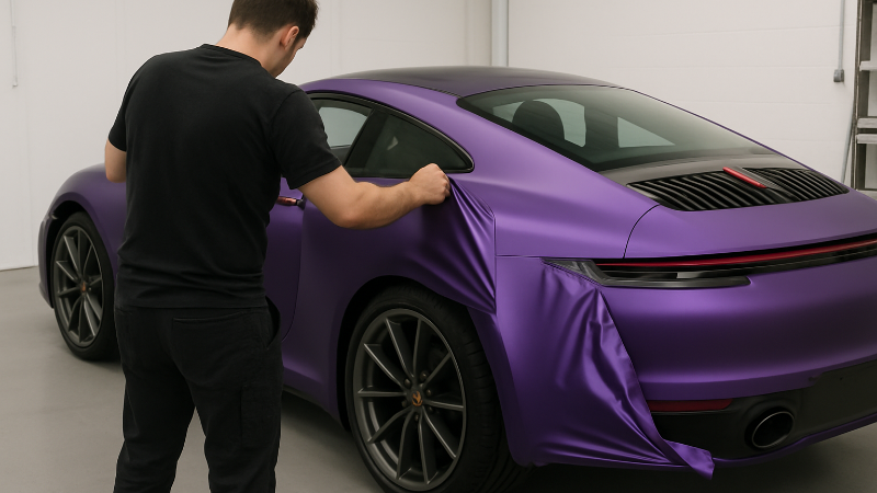 A man wrapping Porshe 911 with a matte purple vinyl wrap