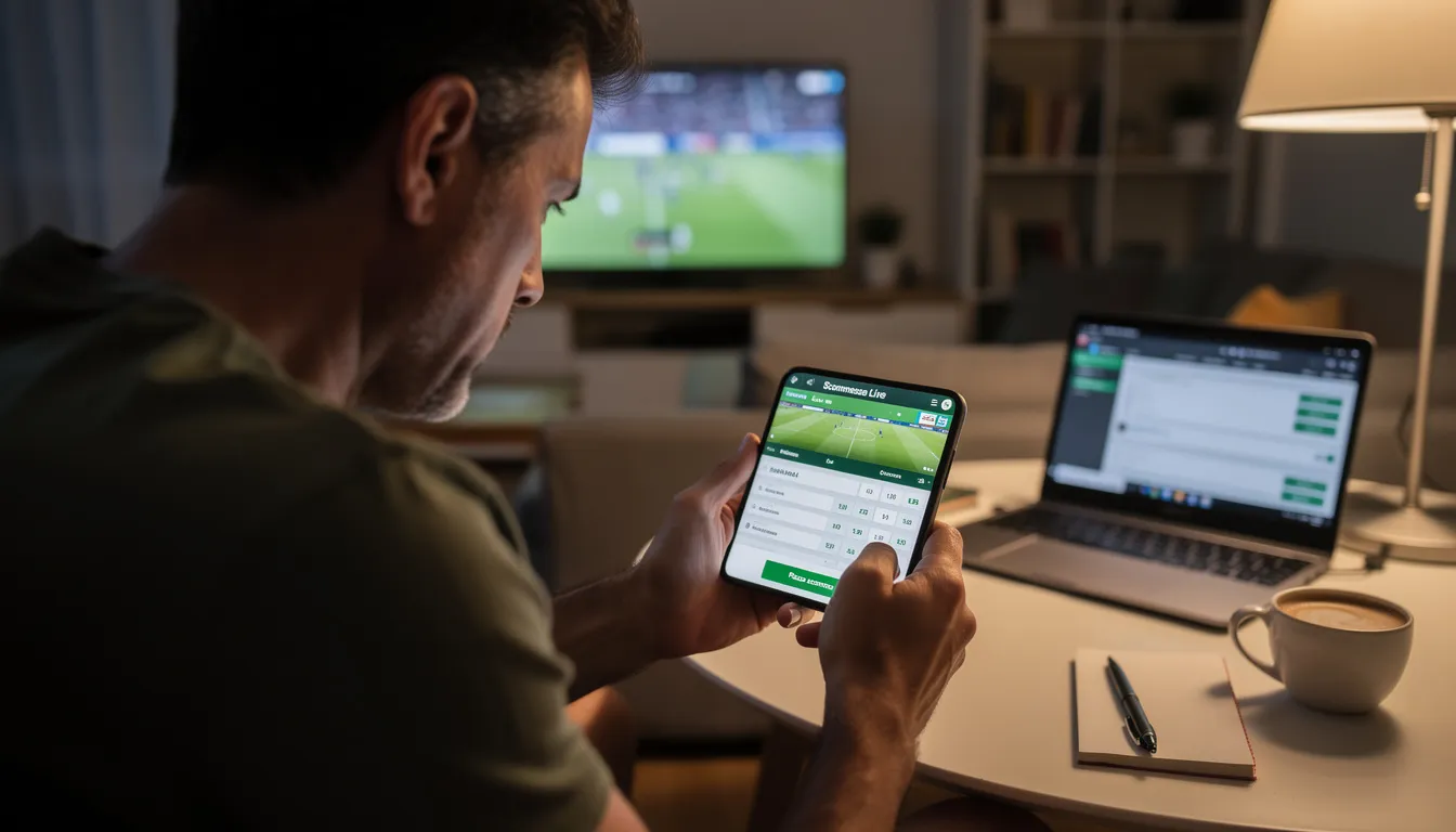 Un uomo sta utilizzando uno smartphone per piazzare scommesse sportive online, esplorando vari siti di scommesse senza limiti. Sullo schermo si possono vedere quote e opzioni di puntata, mentre l'utente sembra concentrato e pronto a scommettere.