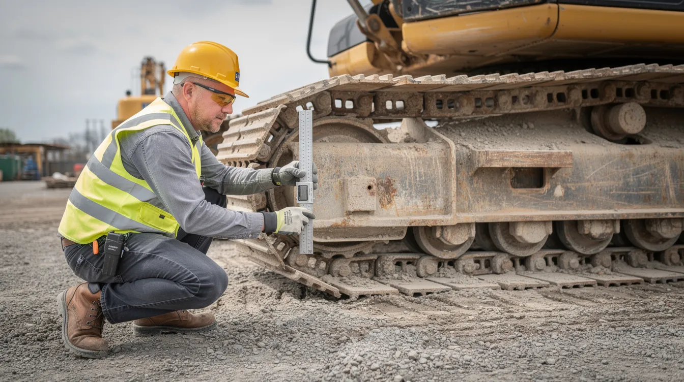 A technician is crouching beside a tracked excavator, using a gauge tool to measure the undercarriage components, which is essential for assessing the equipment's maintenance and quality in the used heavy equipment market. This careful inspection helps ensure that contractors can make informed decisions when purchasing used construction equipment.