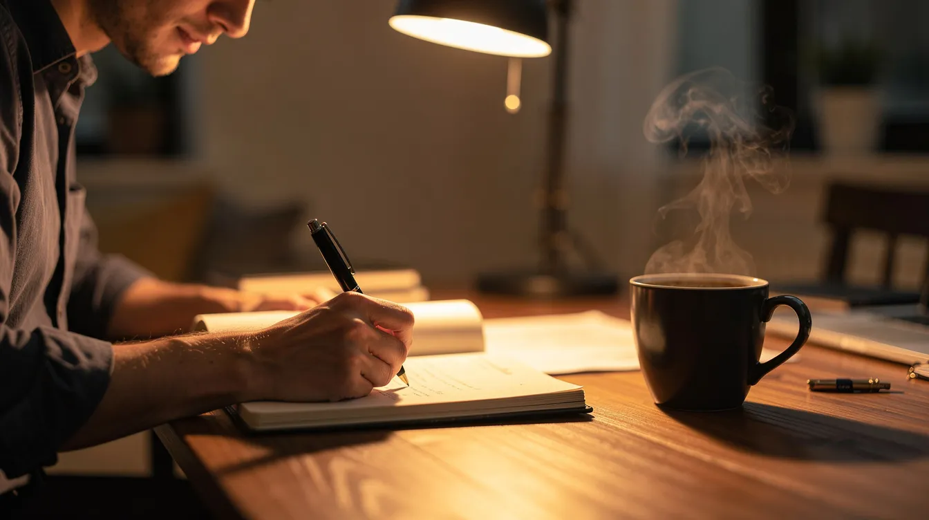 Een ondernemer zit aan een bureau en schrijft in een notitieboek, terwijl een kop koffie naast hem staat. Het warme licht creëert een uitnodigende sfeer die de emotionele impact van zijn verhaal benadrukt.