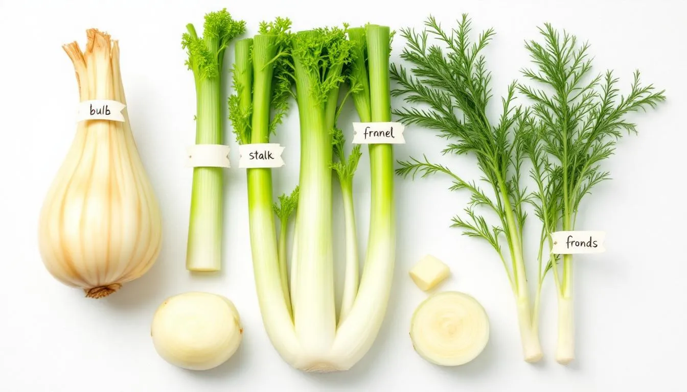 A close-up image showcases the different parts of fennel, including the bulb, stalks, and feathery fronds, all neatly separated and labeled. This herb, known for its health benefits, can be a safe addition to a dog
