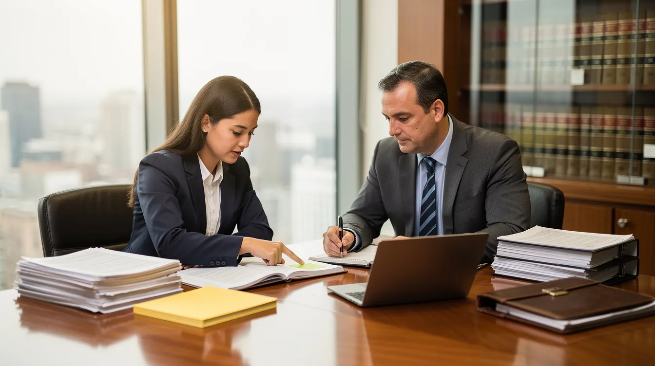 The image shows two attorneys collaborating at a conference table, reviewing case files related to medical malpractice. They appear focused and engaged, discussing important details that may involve emergency room errors and medical negligence in their legal work.