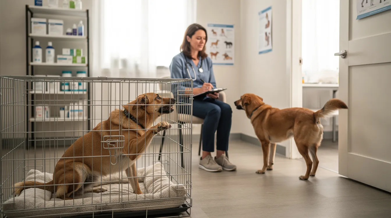 The image depicts a serene indoor environment designed for a dog, featuring a durable crate in a small room with calming aids and puzzle toys, illustrating a safe space for crate training. It highlights the contrast between crate anxiety and separation anxiety, showcasing how proper training can alleviate dogs' anxiety while providing mental stimulation and comfort.