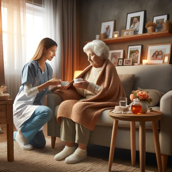 An elderly person receiving assistance at home.