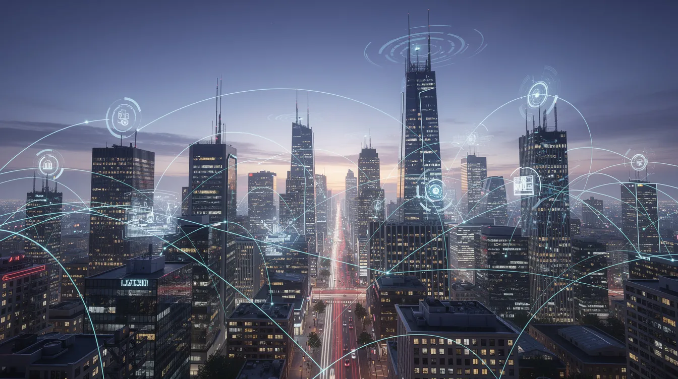 The image depicts a modern city skyline at dusk, illuminated by the warm glow of lights, with digital network connections overlaying the buildings, symbolizing the integration of technology and cyber security in urban environments. This visual representation highlights the growing importance of cyber resilience and protection against cyber attacks for UK businesses and essential services.