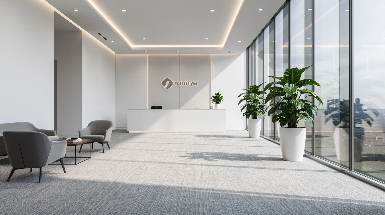 The image depicts a modern commercial office lobby featuring clean, carpeted floors and abundant natural light streaming through large windows. This inviting space is designed for high traffic areas, highlighting the importance of regular carpet cleaning and maintenance for facilities management.