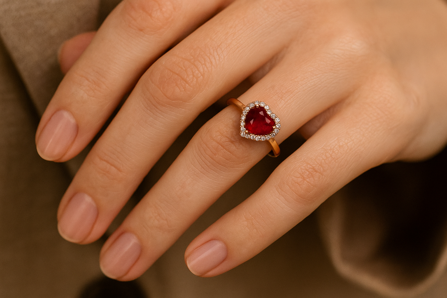 Stilingos moters ranka su raudono aukso sužadėtuvių žiedu ant bevardžio piršto; žiedas su širdies formos rubinu ir halo dizaino smulkiais deimantais aplink