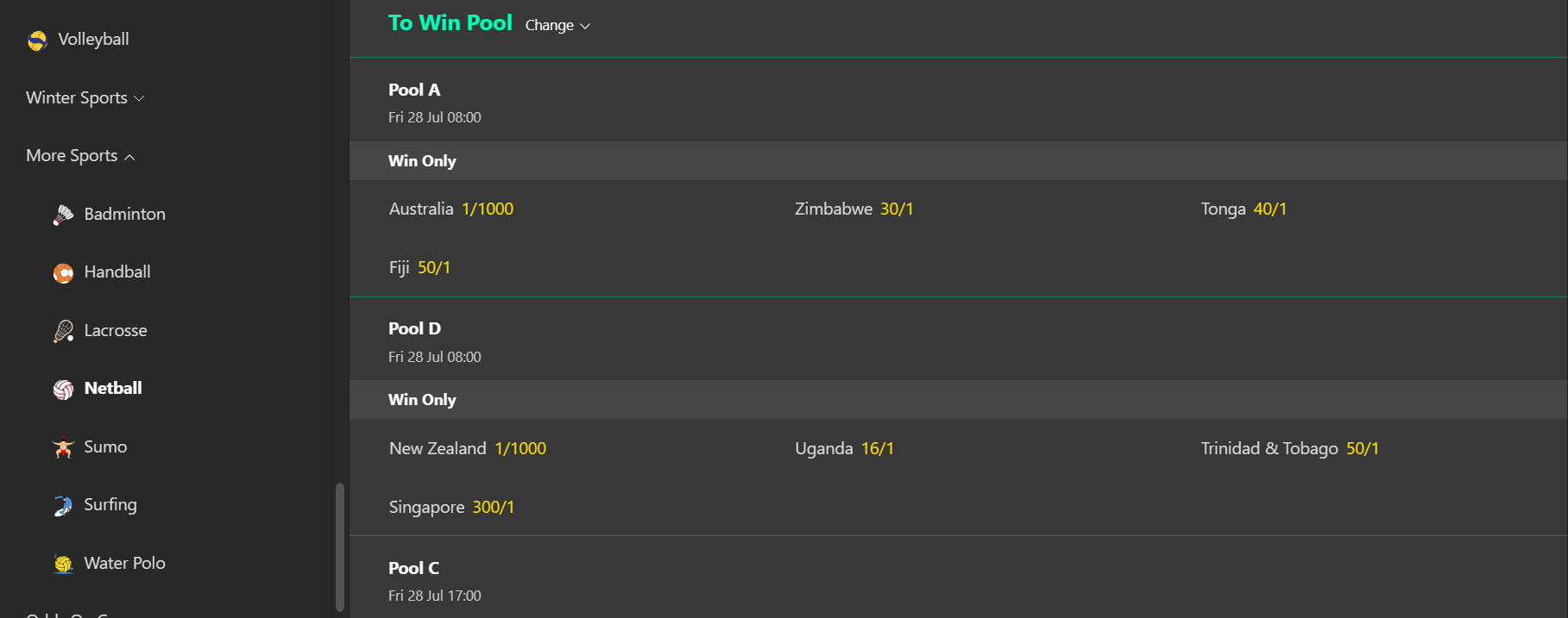 Netball World Cup pool betting at bet365