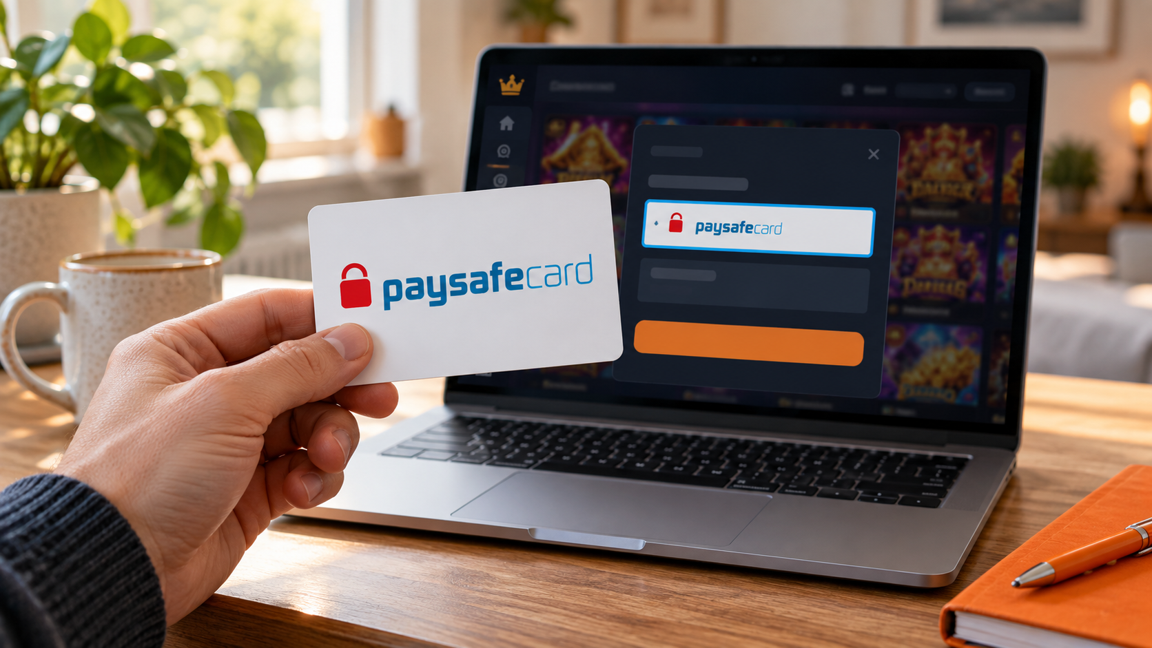 Hand houdt een Paysafecard vast voor een laptop waarop Paysafecard als betaaloptie staat.