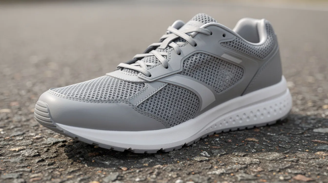 A close-up image of a classic grey running shoe is displayed on a pavement surface, showcasing its lightweight design and heel cushioning. This shoe, ideal for everyday wear, features a narrow fit and is perfect for runners seeking stability and comfort during daily training.