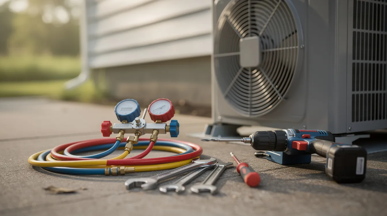 A close-up view of various HVAC tools is displayed next to a condenser unit, highlighting essential equipment for air conditioning repair and emergency HVAC services. The tools suggest readiness for addressing air conditioning problems and ensuring reliable heating and cooling systems.