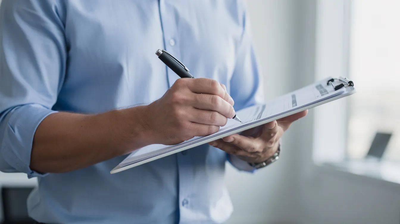 The image shows a person from the neck down, focused on writing on a clipboard, possibly detailing tasks related to house cleaning or office cleaning services. The setting suggests an organized environment, emphasizing attention to detail and professionalism in cleaning services.