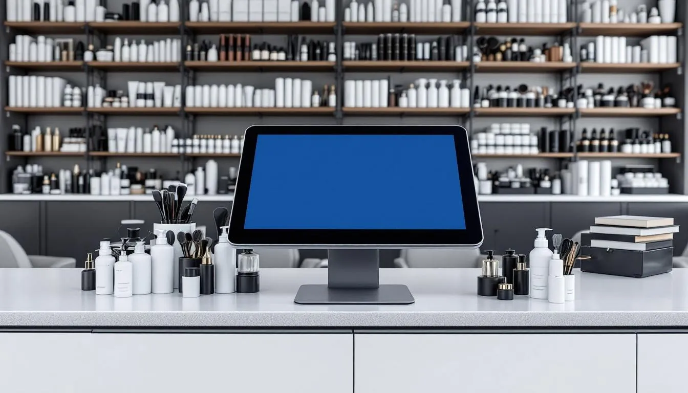 Imagen de un sistema de punto de venta moderno en el mostrador de un salón de belleza, donde se observan productos de cuidado organizados de manera ordenada. Este sistema facilita la gestión de ventas, facturación y reservas, mejorando la experiencia de atención al cliente en el negocio.