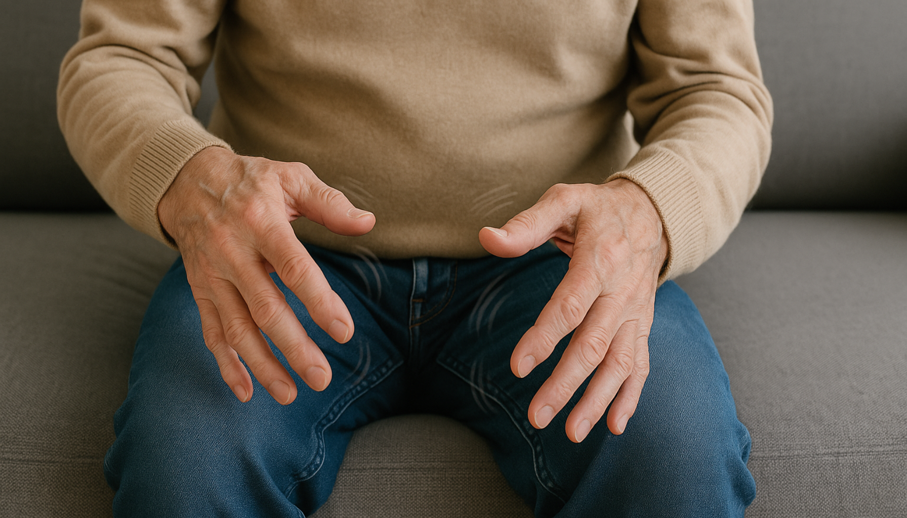 Eldre person med skjelvende hender på fanget under konsultasjon.