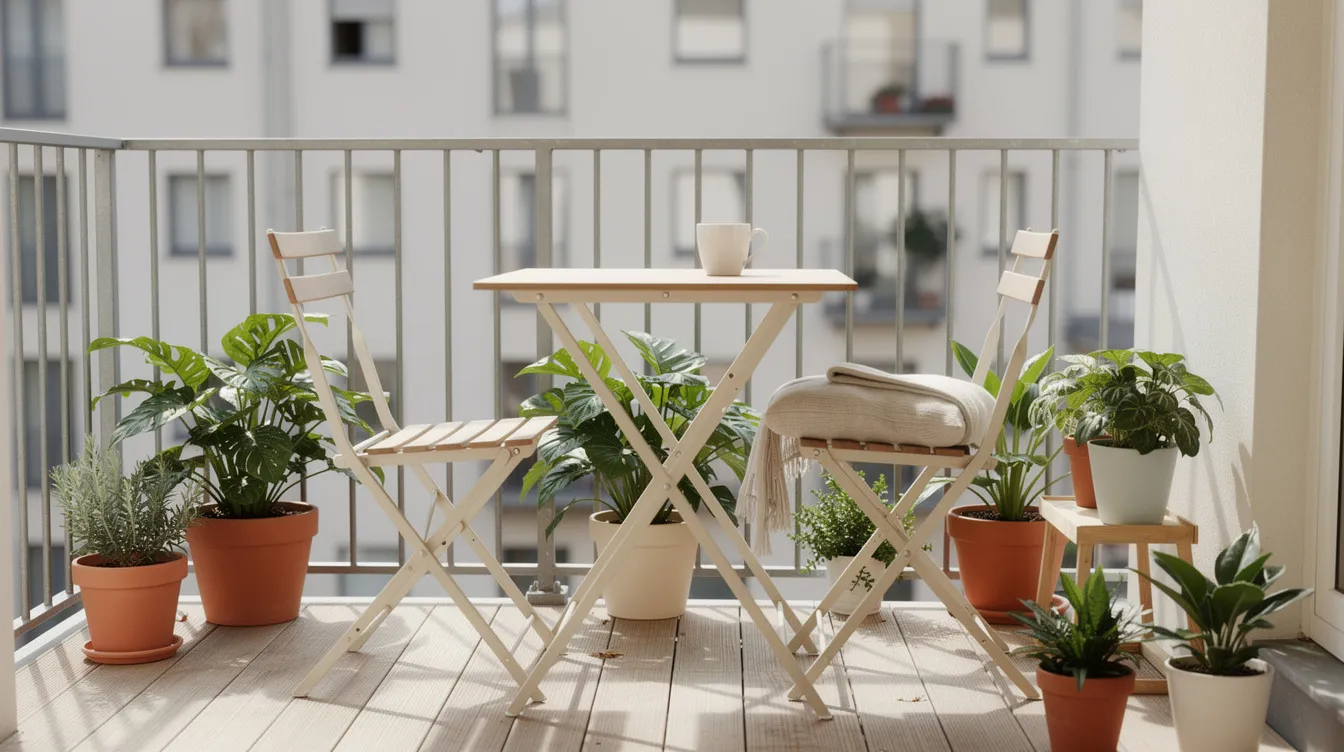 En liten balkong prydd med ett hopfällbart caféset i ljusa färger, omgiven av gröna krukväxter som ger en inbjudande atmosfär. Denna utemöbel är perfekt för att njuta av väder och vind på en solig dag.