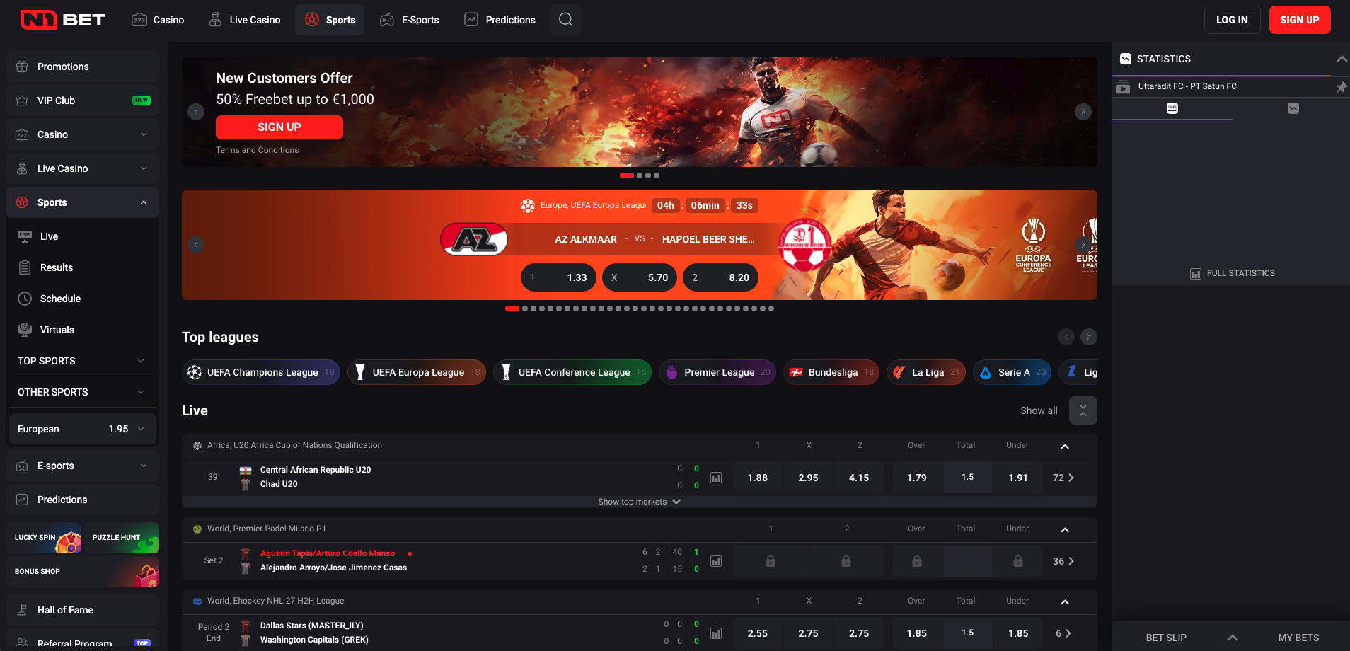 N1Bet sportsbook homepage featuring a welcome free bet offer, live betting odds and European football markets.
