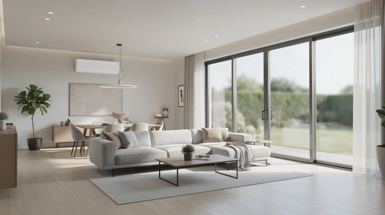 The image depicts a spacious modern open-plan lounge and dining area featuring contemporary furniture, large sliding glass doors, and a wall-mounted split air conditioner, ideal for cooling and heating large rooms. The setup emphasizes comfort and style, perfect for both home and office environments.