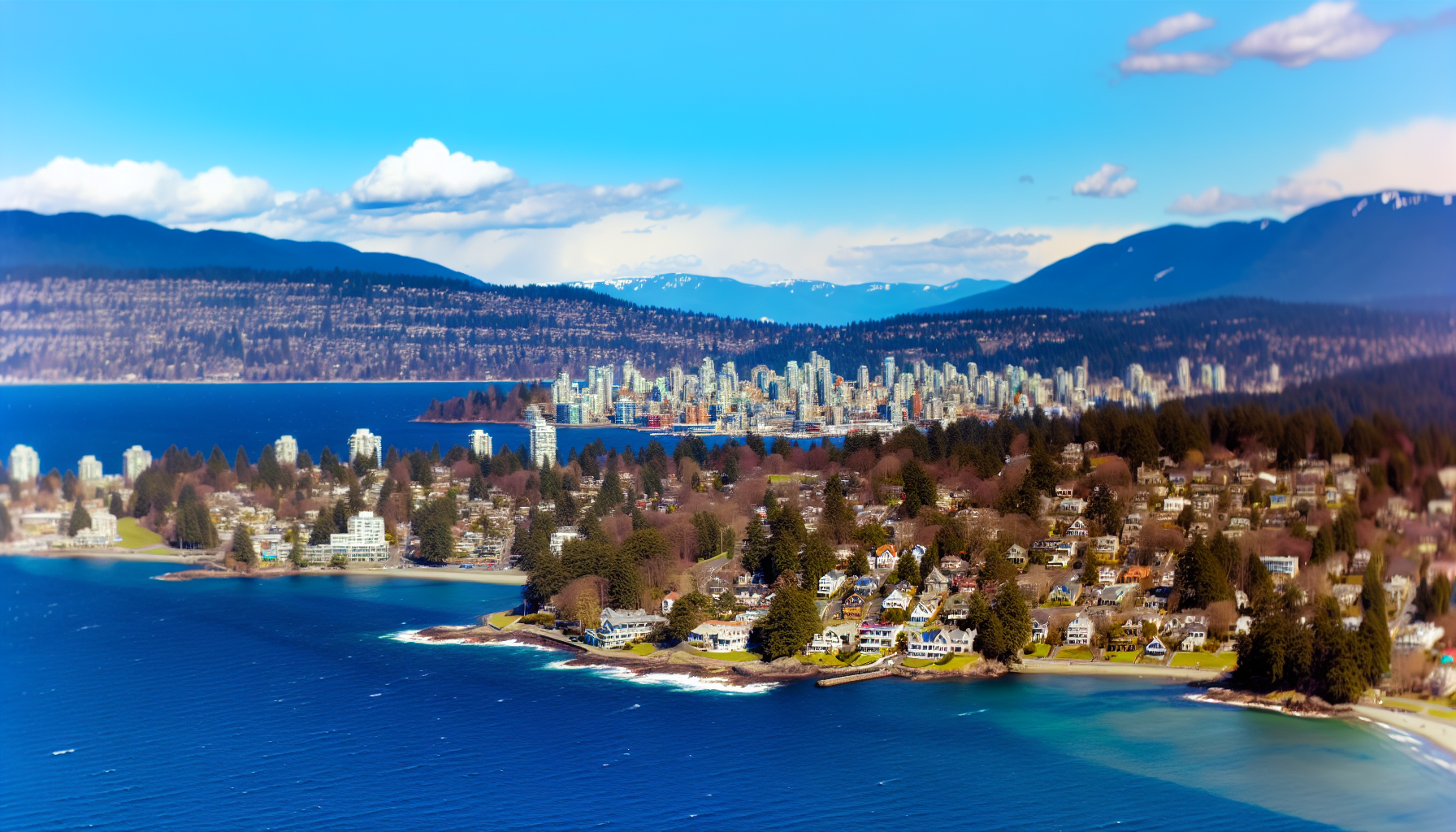 Aerial view of West Vancouver with ocean and mountains in the background