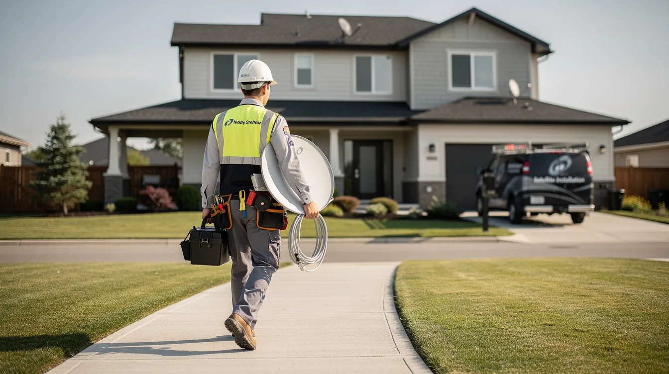 A professional satellite installer is seen carrying equipment, including a satellite dish and cables, towards a residential home, preparing for a DSTV Explora installation. The installer is equipped to connect various devices, ensuring customers can access streaming apps and enjoy features like parental control and BoxOffice movies.