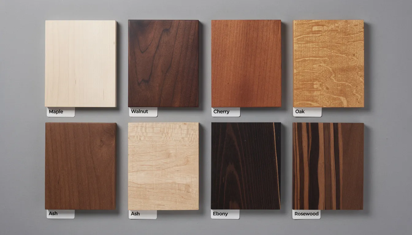 The image displays various wood species samples, showcasing their unique grain patterns and color variations, which are essential for constructing sauna walls in a basement sauna. These wood samples highlight the aesthetic choices available for DIY sauna projects, emphasizing the importance of selecting moisture-resistant materials for durability and wellness benefits.
