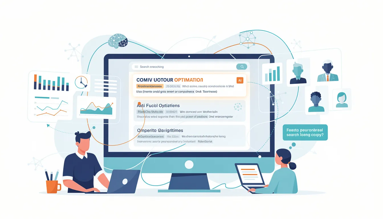 The image illustrates a digital marketing strategy focused on search engine marketing (SEM), showcasing various elements such as ad copy, keyword research, and campaign optimization techniques. It emphasizes the transition from traditional keyword targeting to understanding user intent for improved search engine rankings and click-through rates.