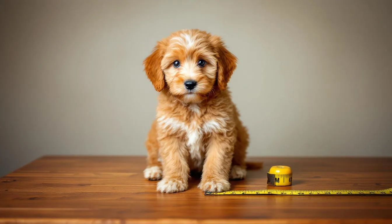 A mini Goldendoodle puppy is shown next to a measuring tape, illustrating its growth tracking. This image highlights the puppy