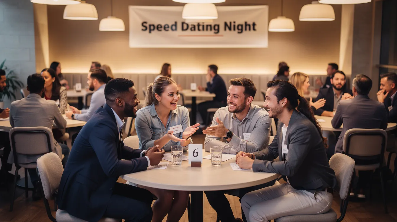 A lively speed dating event is depicted, with groups of people engaging in animated conversations at small tables, highlighting the search for meaningful connections and romantic relationships. The atmosphere is filled with excitement as participants, likely dating app users, explore potential partners and compatibility in a traditional yet modern dating scenario.