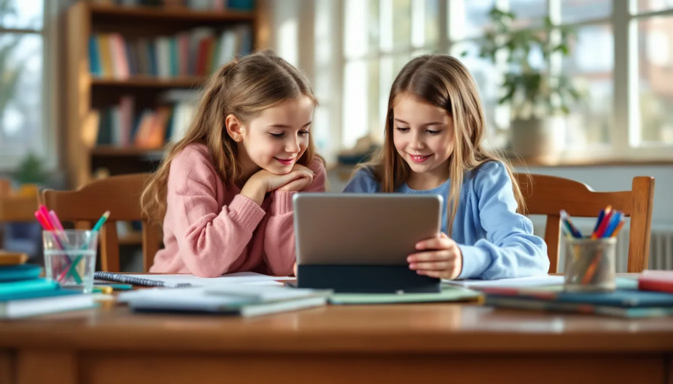Due bambine stanno facendo i compiti utilizzando un tablet, immerse nello studio delle materie scolastiche. L'immagine rappresenta un momento di apprendimento che può essere supportato anche da servizi di aiuto compiti online e lezioni private.